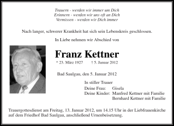Traueranzeige von Franz Kettner von Kreiszeitung Waiblingen