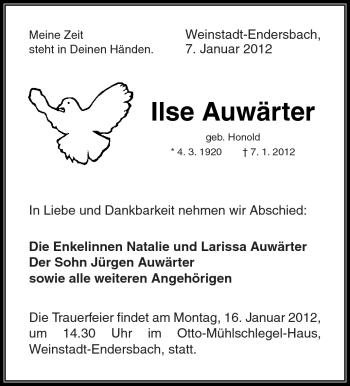 Traueranzeige von Ilse Auwärter von Kreiszeitung Waiblingen