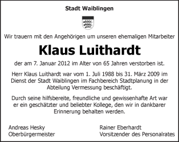 Traueranzeige von Klaus Luithardt von Kreiszeitung Waiblingen