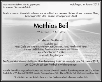 Traueranzeige von Matthias Beil von Kreiszeitung Waiblingen