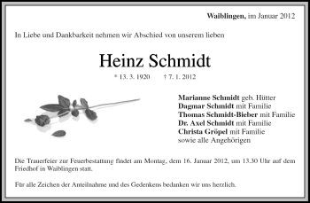 Traueranzeige von Heinz Schmidt von Kreiszeitung Waiblingen
