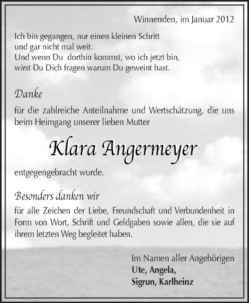 Traueranzeige für Klara Angermeyer vom 14.01.2012 aus Kreiszeitung Waiblingen
