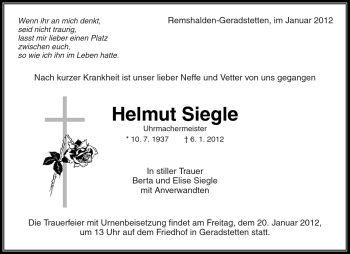 Traueranzeige von Helmut Siegle von Kreiszeitung Waiblingen