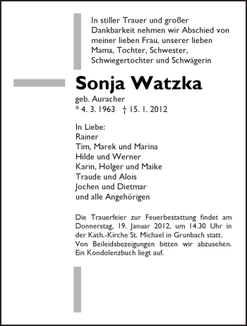 Traueranzeige von Sonja Watzka von Kreiszeitung Waiblingen