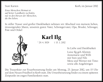 Traueranzeige von Karl Ilg von Kreiszeitung Waiblingen