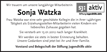 Traueranzeige von Sonja Watzka von Kreiszeitung Waiblingen