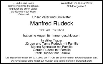 Traueranzeige von Manfred Rudeck von Kreiszeitung Waiblingen