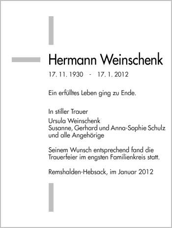 Traueranzeige von Hermann Weinschenk von Kreiszeitung Waiblingen