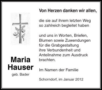 Traueranzeige von Maria Hauser von Kreiszeitung Waiblingen