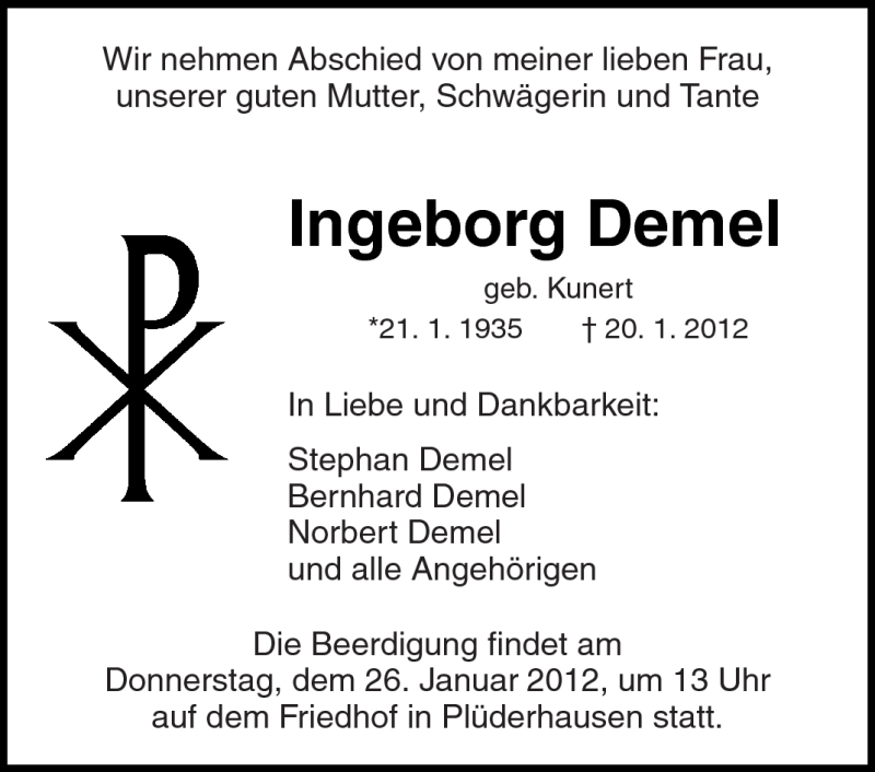  Traueranzeige für Ingeborg Demel vom 24.01.2012 aus Kreiszeitung Waiblingen