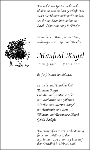 Traueranzeige von Manfred Kugel von Kreiszeitung Waiblingen