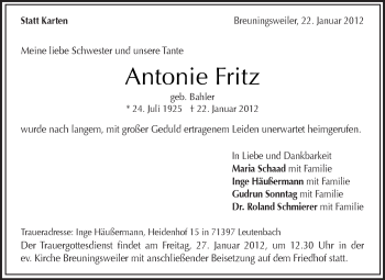 Traueranzeige von Antonie Fritz von Kreiszeitung Waiblingen
