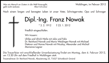 Traueranzeige von Franz Nowak von Kreiszeitung Waiblingen