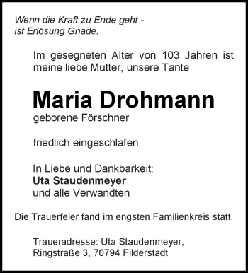 Traueranzeige von Maria Drohmann von Kreiszeitung Waiblingen