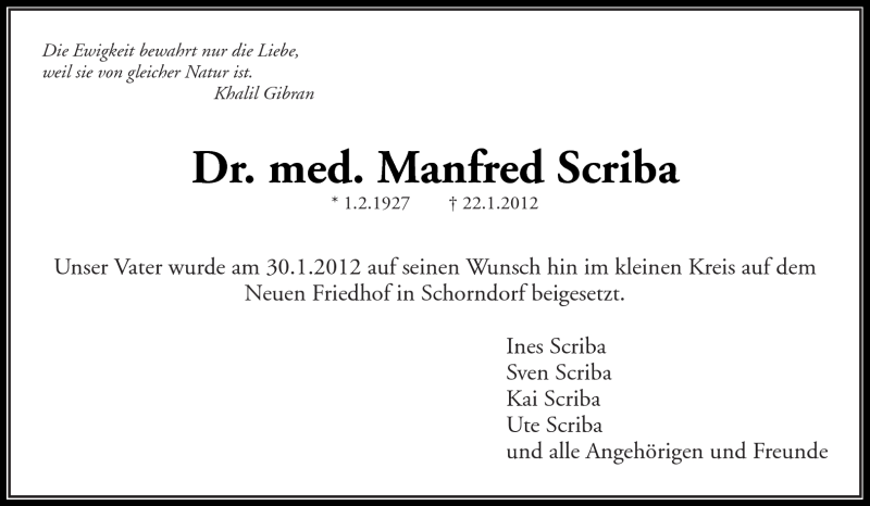  Traueranzeige für Manfred Scriba vom 31.01.2012 aus Kreiszeitung Waiblingen