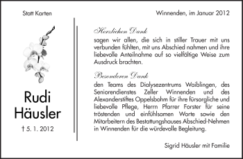 Traueranzeige von Rudi Häusler von Kreiszeitung Waiblingen