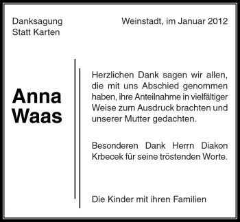 Traueranzeige von Anna Waas von Kreiszeitung Waiblingen