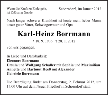 Traueranzeigen von KarlHeinz Borrmann ZVWTrauer