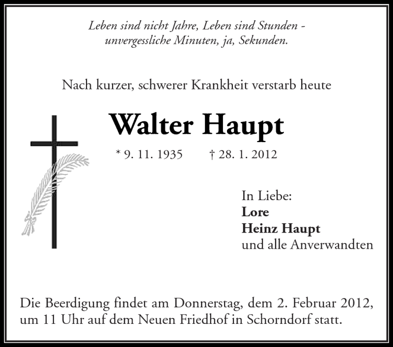  Traueranzeige für Walter Haupt vom 01.02.2012 aus Kreiszeitung Waiblingen