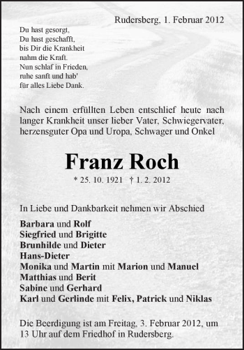 Traueranzeige von Franz Roch von Kreiszeitung Waiblingen