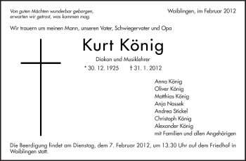 Traueranzeige von Kurt König von Kreiszeitung Waiblingen