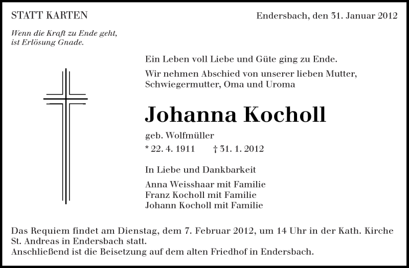  Traueranzeige für Johanna Kocholl vom 03.02.2012 aus Kreiszeitung Waiblingen