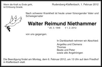 Traueranzeige von Walter Reimund Niethammer von Kreiszeitung Waiblingen