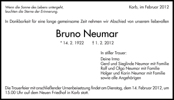 Traueranzeige von Bruno Neumar von Kreiszeitung Waiblingen