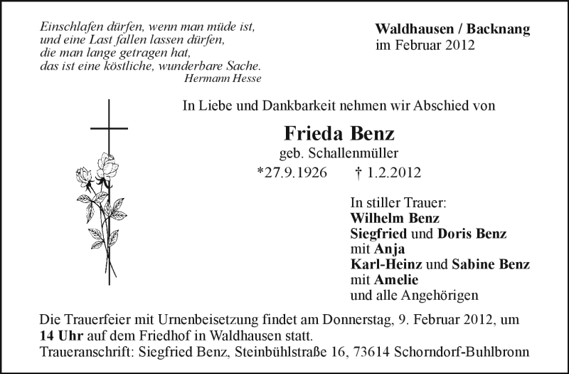  Traueranzeige für Frieda Benz vom 04.02.2012 aus Kreiszeitung Waiblingen