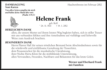 Traueranzeige von Helene Frank von Kreiszeitung Waiblingen
