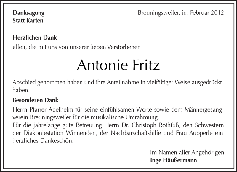  Traueranzeige für Antonie Fritz vom 08.02.2012 aus Kreiszeitung Waiblingen
