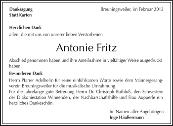 Traueranzeige von Antonie Fritz von Kreiszeitung Waiblingen