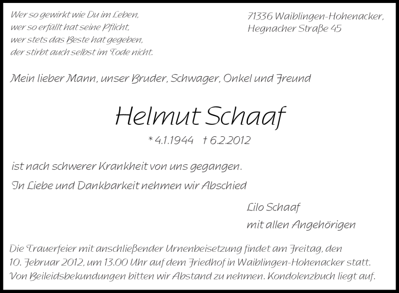  Traueranzeige für Helmut Schaaf vom 08.02.2012 aus Kreiszeitung Waiblingen