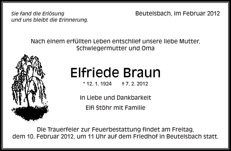  Traueranzeige für Elfriede Braun vom 08.02.2012 aus Kreiszeitung Waiblingen