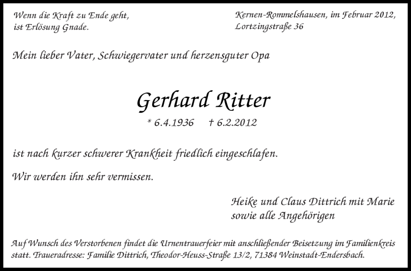  Traueranzeige für Gerhard Ritter vom 08.02.2012 aus Kreiszeitung Waiblingen
