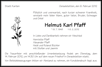 Traueranzeige von Helmut Karl Pfaff von Kreiszeitung Waiblingen