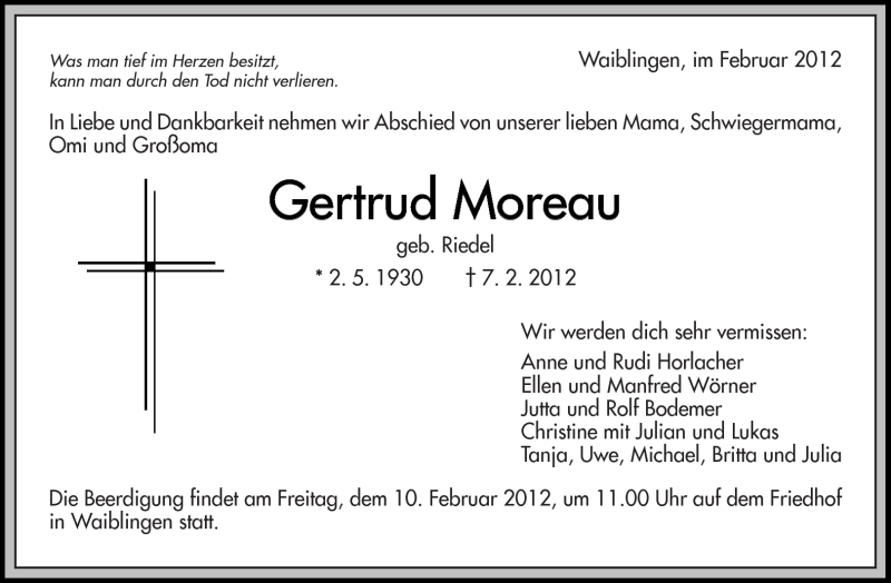  Traueranzeige für Gertrud Moreau vom 09.02.2012 aus Kreiszeitung Waiblingen