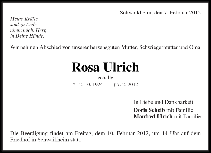  Traueranzeige für Rosa Ulrich vom 09.02.2012 aus Kreiszeitung Waiblingen