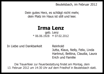 Traueranzeige von Irma Lenz von Kreiszeitung Waiblingen