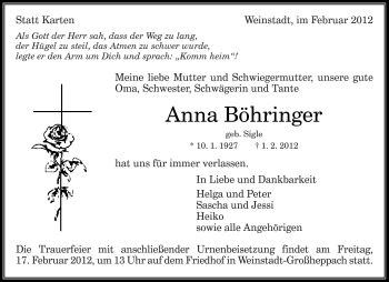 Traueranzeige von Anna Böhringer von Kreiszeitung Waiblingen