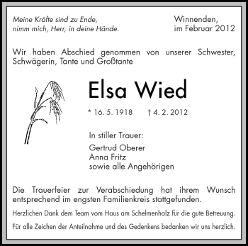 Traueranzeige von Elsa Wied von Kreiszeitung Waiblingen