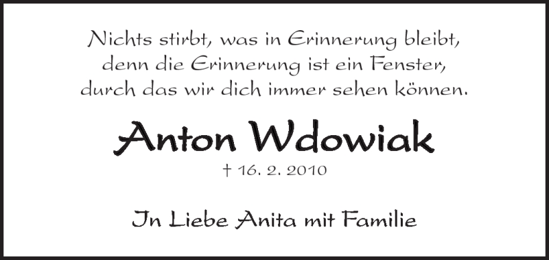  Traueranzeige für Anton Wdowiak vom 16.02.2012 aus Kreiszeitung Waiblingen