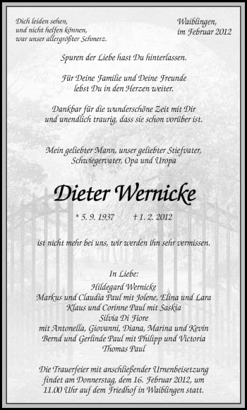 Traueranzeige von Dieter Wernicke von Kreiszeitung Waiblingen
