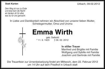 Traueranzeige von Emma Wirth von Kreiszeitung Waiblingen