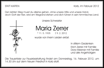 Traueranzeige von Maria Zerrer von Kreiszeitung Waiblingen