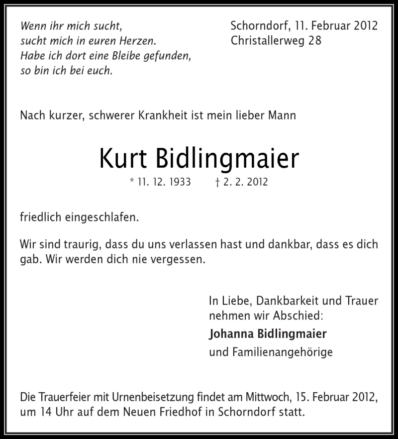  Traueranzeige für Kurt Bidlingmaier vom 11.02.2012 aus Kreiszeitung Waiblingen