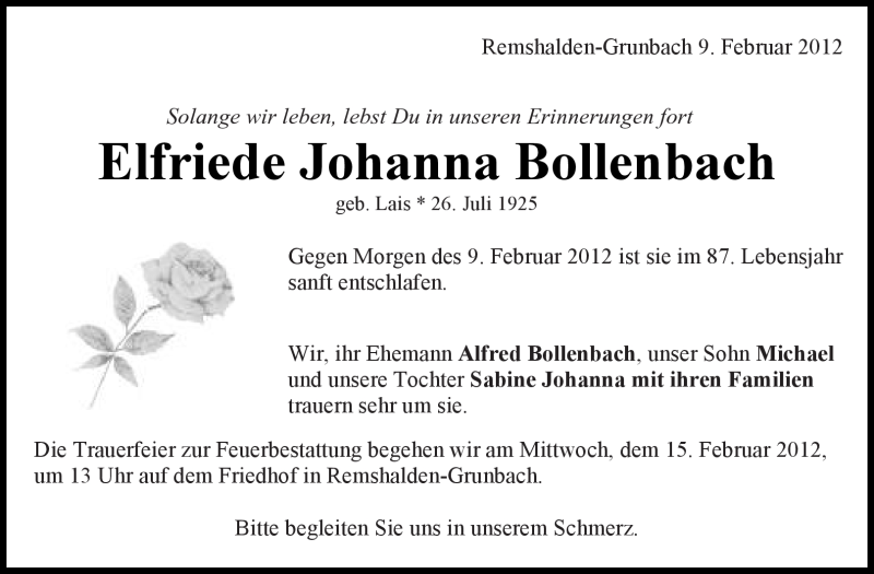  Traueranzeige für Elfriede Johanna Bollenbach vom 11.02.2012 aus Kreiszeitung Waiblingen