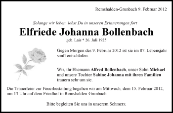 Traueranzeige von Elfriede Johanna Bollenbach von Kreiszeitung Waiblingen