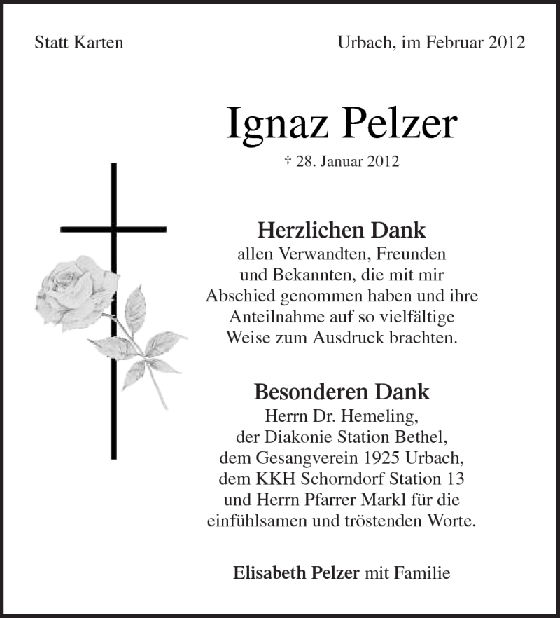  Traueranzeige für Ignaz Pelzer vom 11.02.2012 aus Kreiszeitung Waiblingen