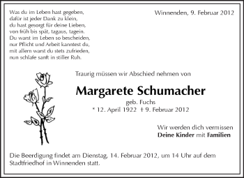 Traueranzeige von Margarete Schumacher von Kreiszeitung Waiblingen
